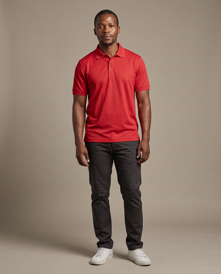Hopper red G320 golf shirt worn by a model, front view
