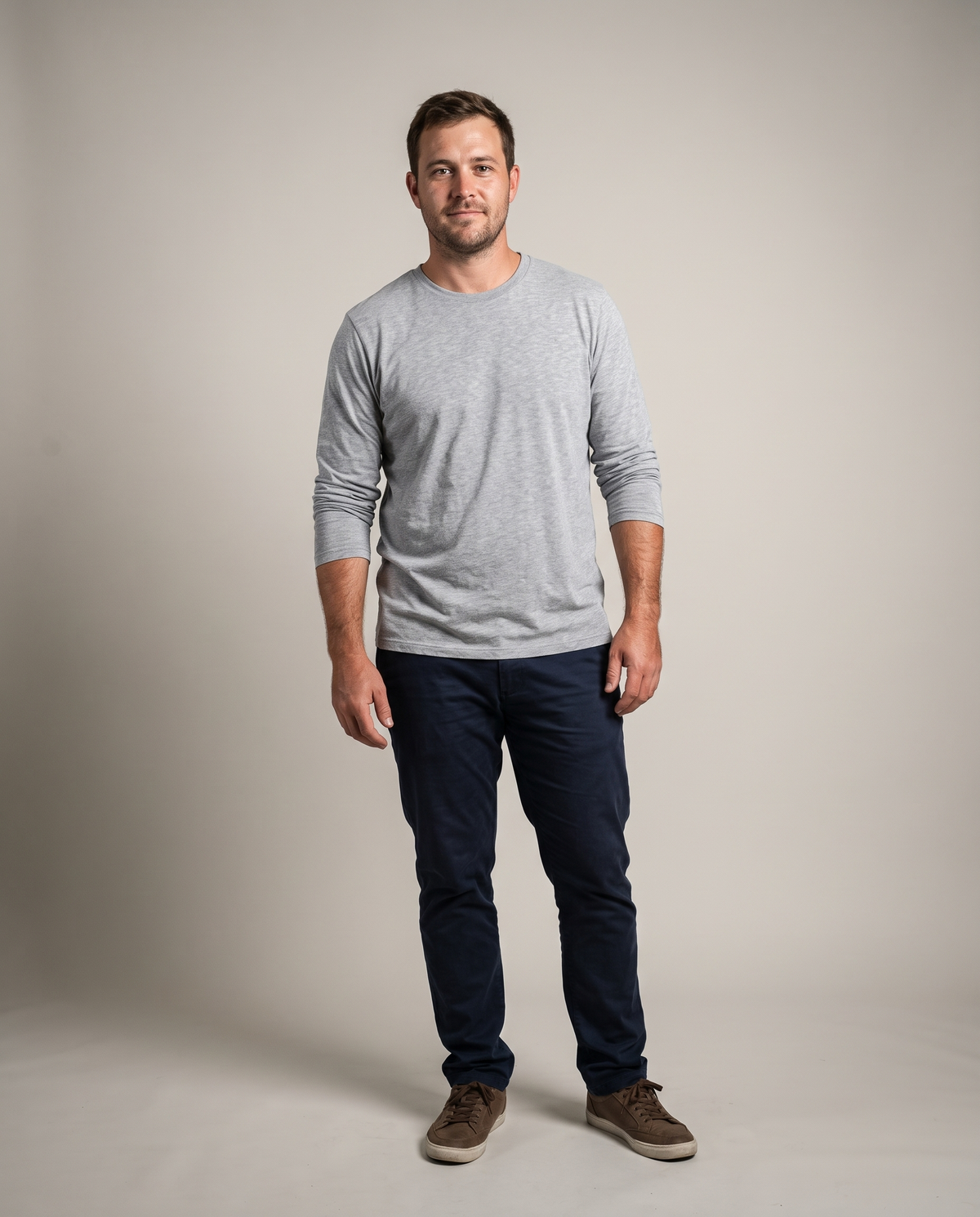 Hopper heather grey long-sleeve t-shirt worn by a model, front view