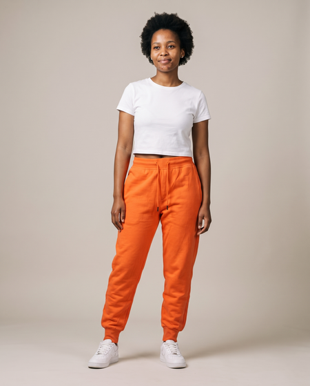 Hopper orange fleece track pants worn by a model, front view
