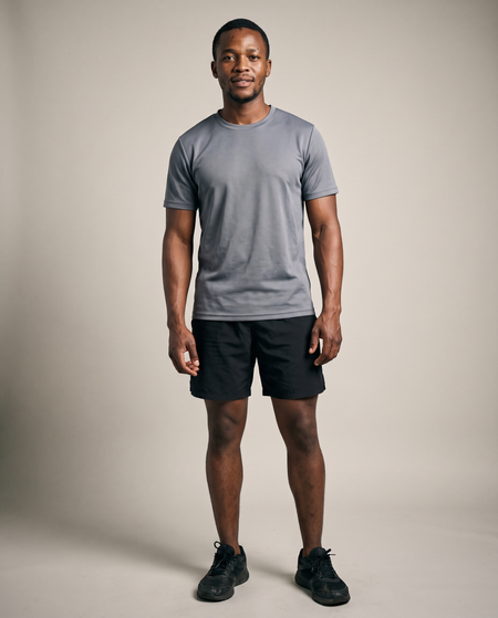Hopper grey birdseye knit t-shirt worn by a model, front view