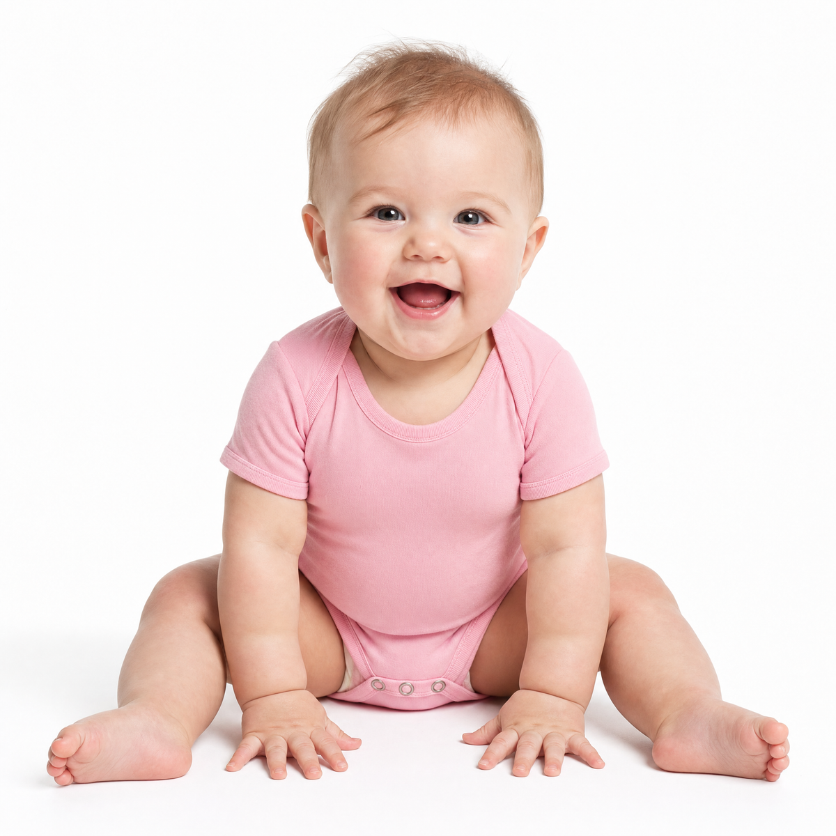 Baby wearing Hopper pink cotton romper, short-sleeve bodysuit - front
