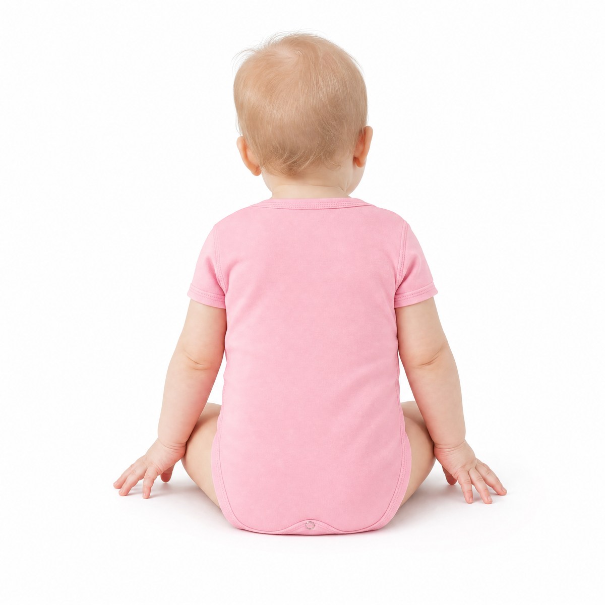 Baby wearing Hopper pink cotton romper, short-sleeve bodysuit - back