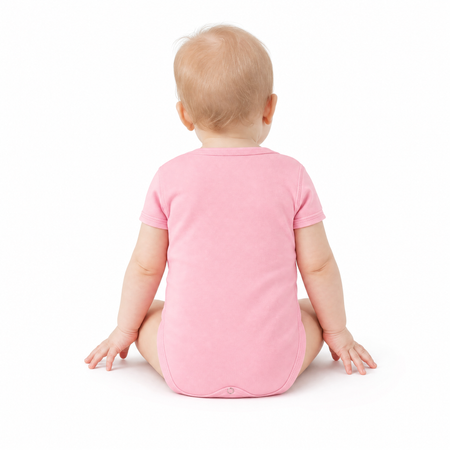 Baby wearing Hopper pink cotton romper, short-sleeve bodysuit - back