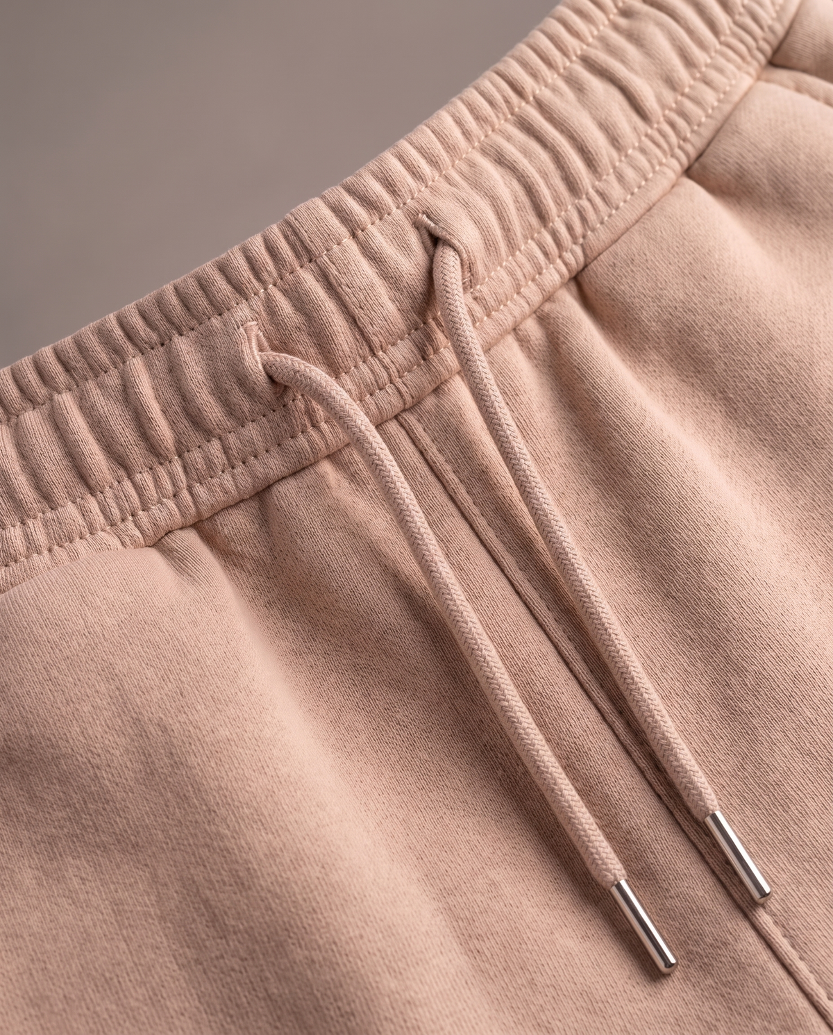 Hopper beige fleece shorts, waistband and drawcord close-up