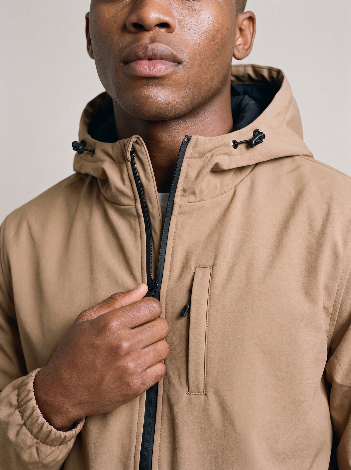 Hopper tan hooded windbreaker jacket, hood collar zip and chest pocket close-up on a model