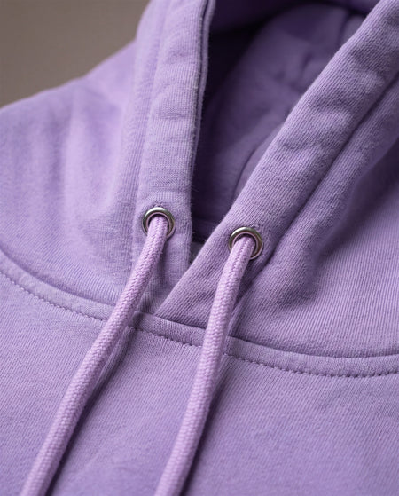 Hopper lilac pullover hoodie, hood drawcord and eyelet close-up