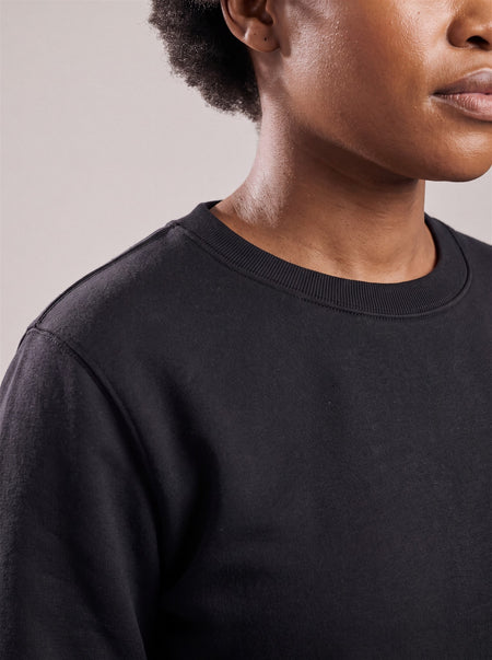 Hopper black 380gsm crewneck sweater, slim ribbed collar close-up on a model